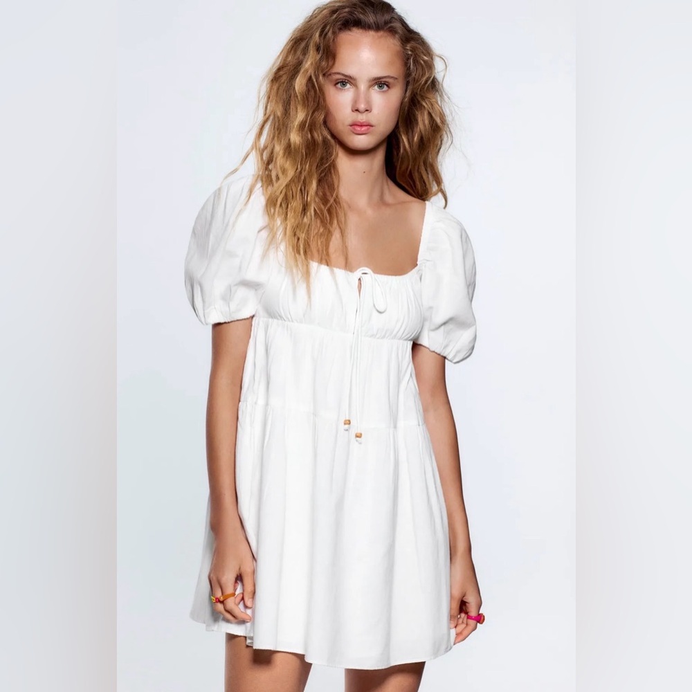Zara White Puff Sleeve Dress Medium